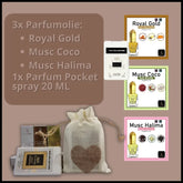 Parfumtasje met Royal Gold, Musc Coco en Musc Halima geur oliën en pocket spray